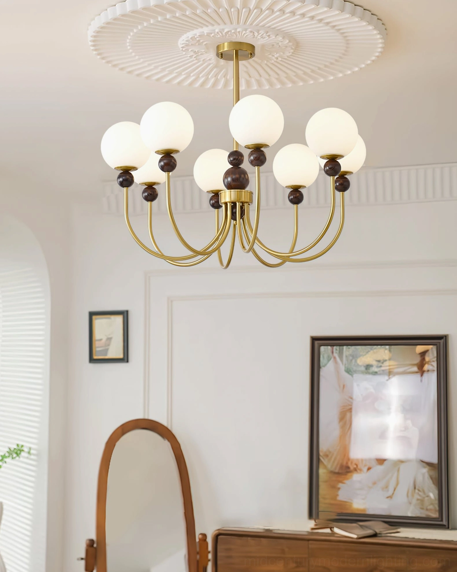 Modern glass chandelier with metal frame in vintage dressing area with full-length mirror
