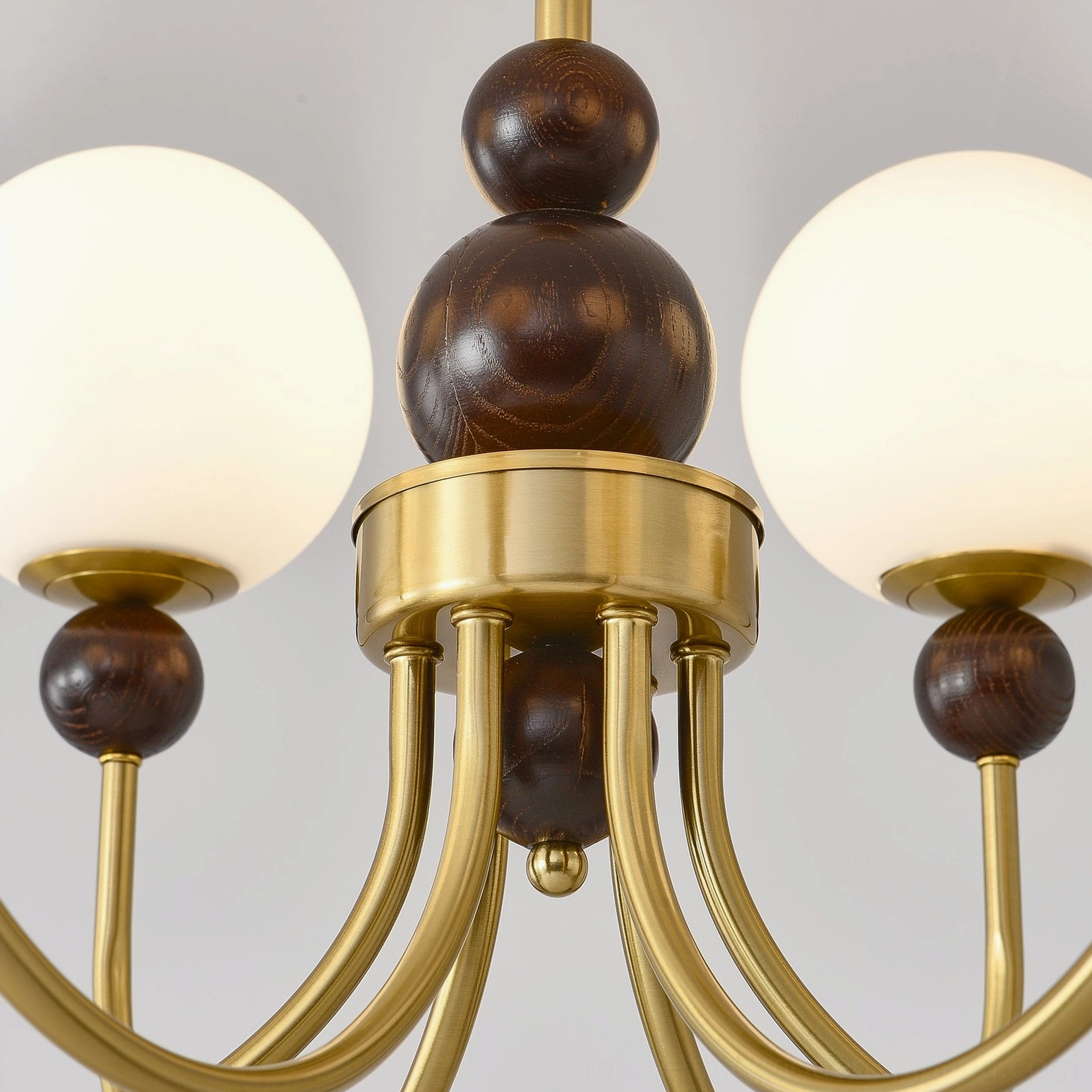 Modern glass pendant chandelier gold and walnut finish, overhead interior styling