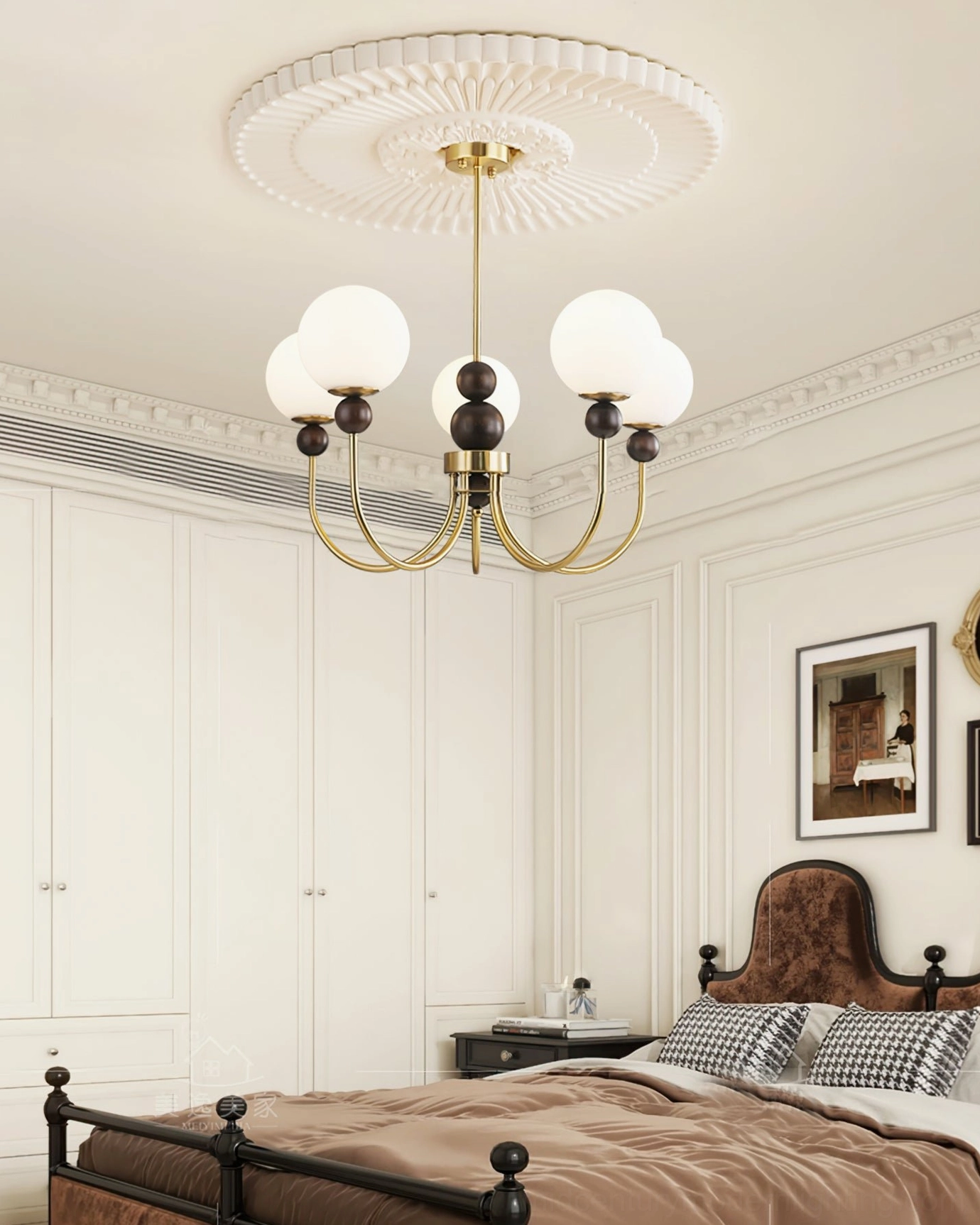 Contemporary glass chandelier with adjustable suspension rod, installation and ceiling mount detail