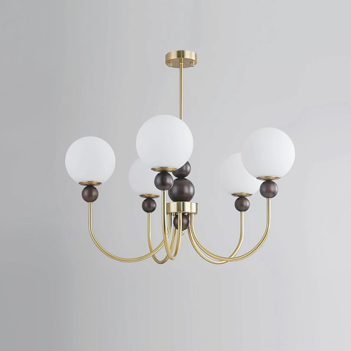 Modern glass pendant chandelier with metal frame and frosted spheres, studio product shot