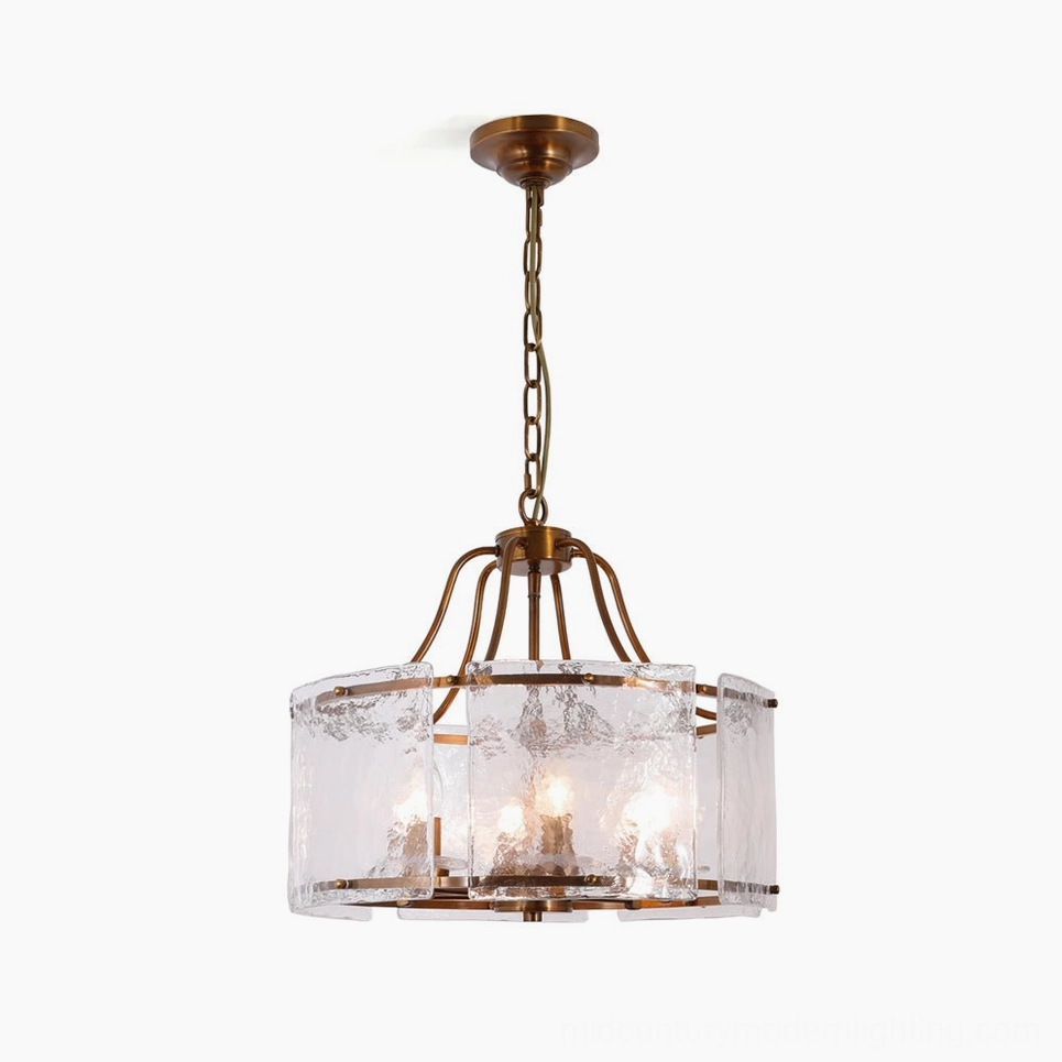 Glenn Round Chandelier front overhead view - antique brass drum pendant with water-textured clear glass panels