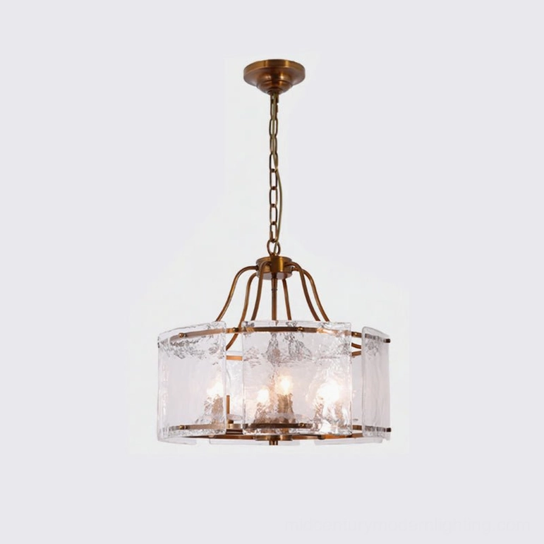 Glenn Round Chandelier direct front view - mid-century modern brass cylindrical rippled glass light fixture