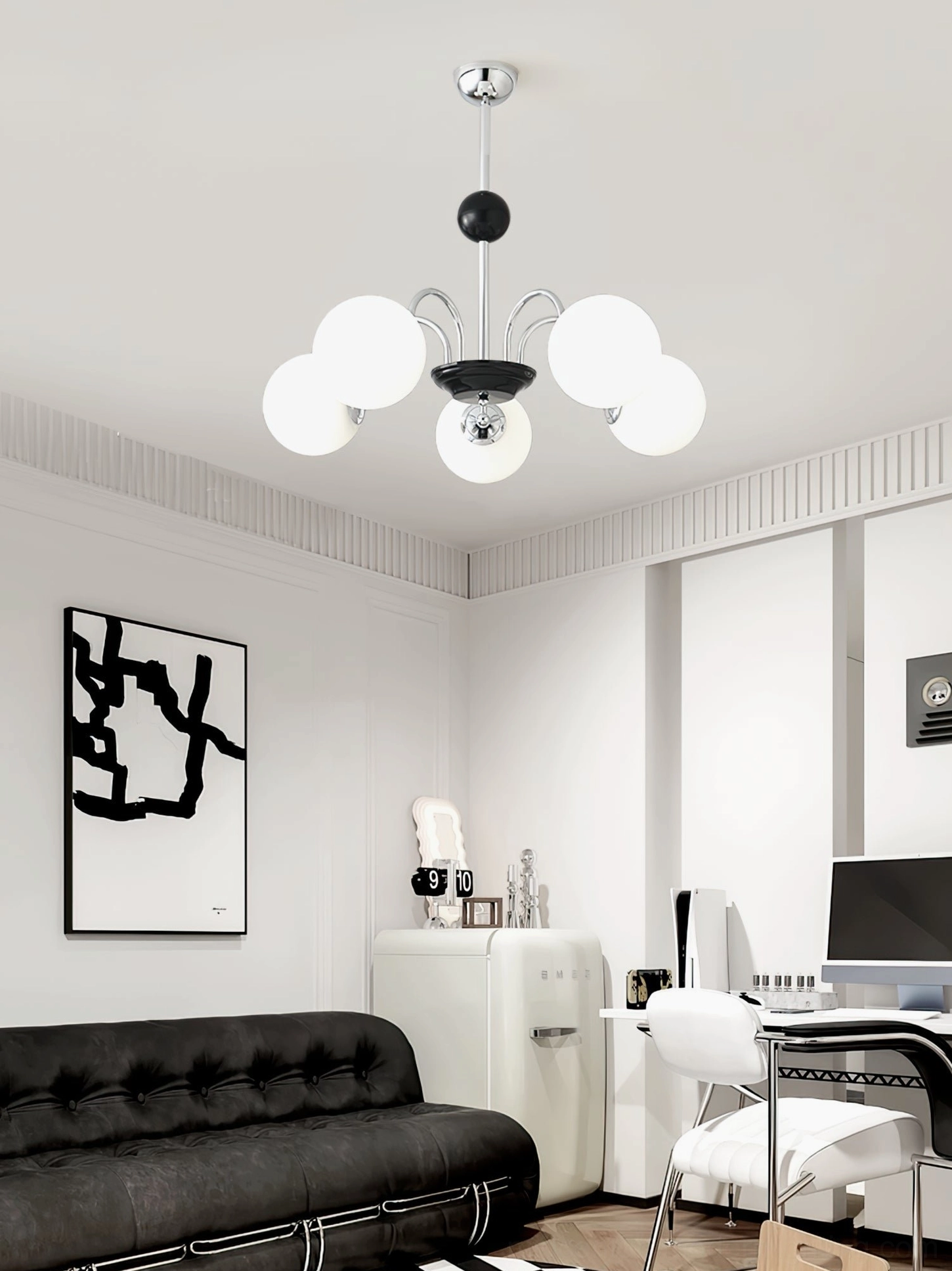 Contemporary globe chandelier with metal frame and white glass shades in modern home office studio