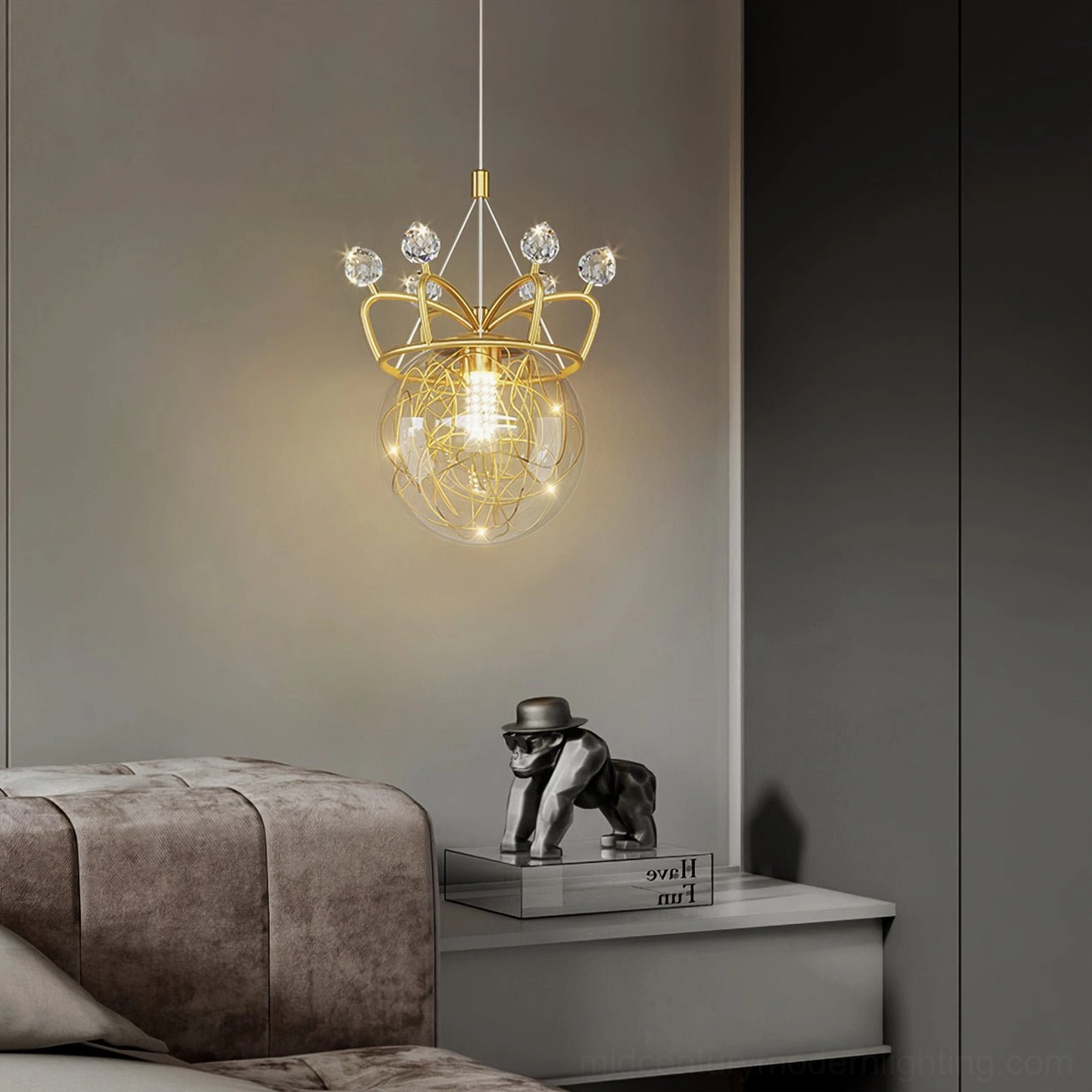 Gypsophila Crown pendant hanging above bedside table in luxury bedroom with brown fabric bed