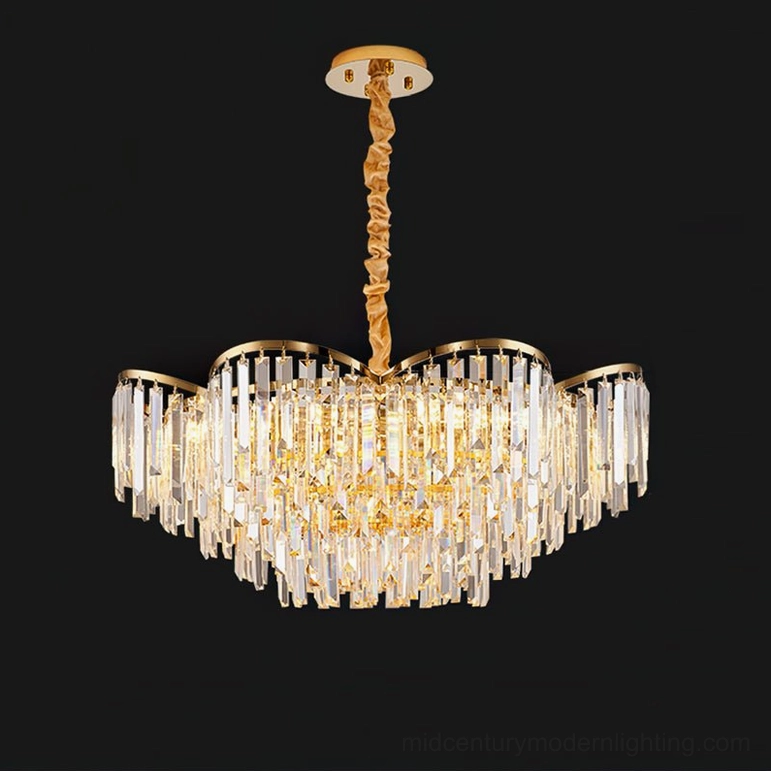 Medium-sized gold crystal chandelier canopy with balanced crystal prism distribution and suspension hardware