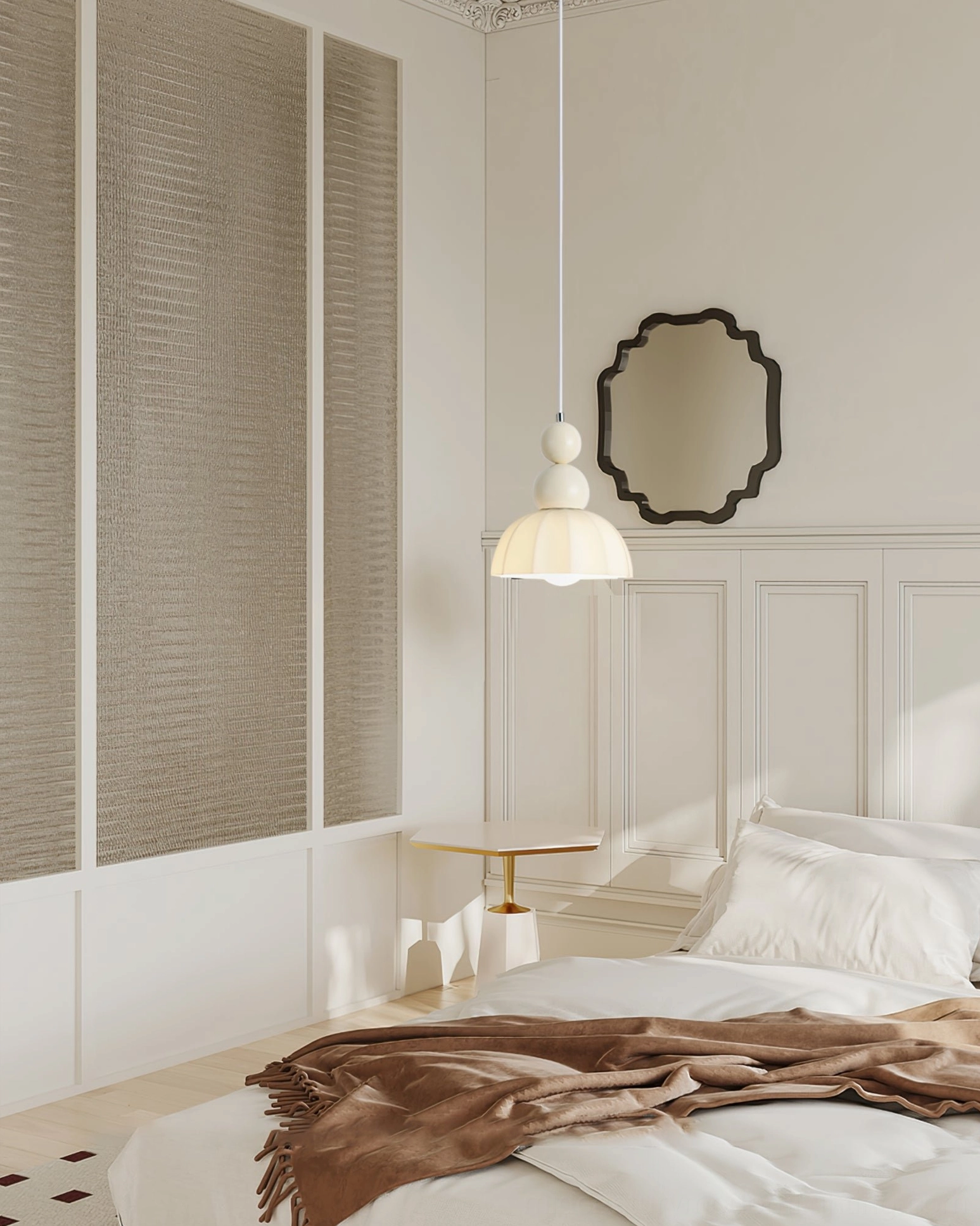 Classic elegant gourd bubble pendant light installed in bedroom with wainscot walls and decorative mirror styling