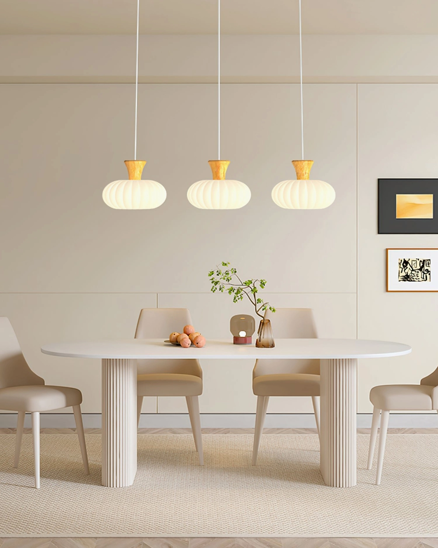 Multiple ribbed pendant lights cluster above modern dining room table with wood top accents