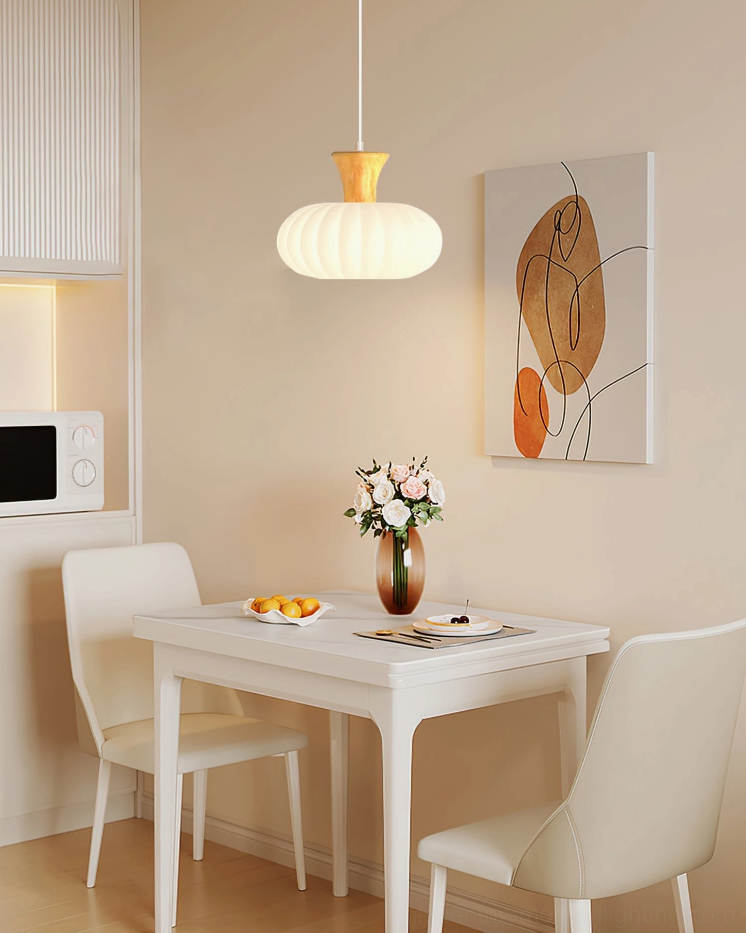 Close-up of ribbed glass shade and wood top junction on gourd-shaped pendant fixture