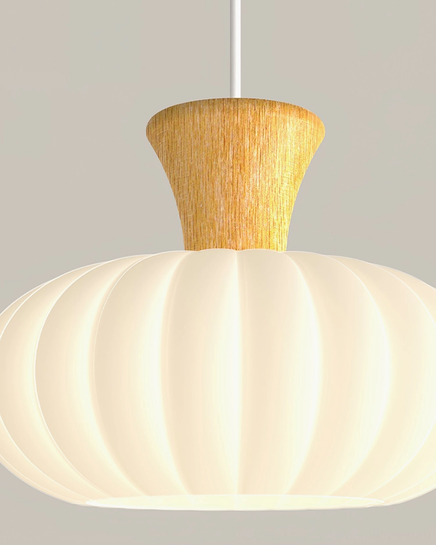 Mid-century modern gourd ribbed pendant light with natural wood top on white background