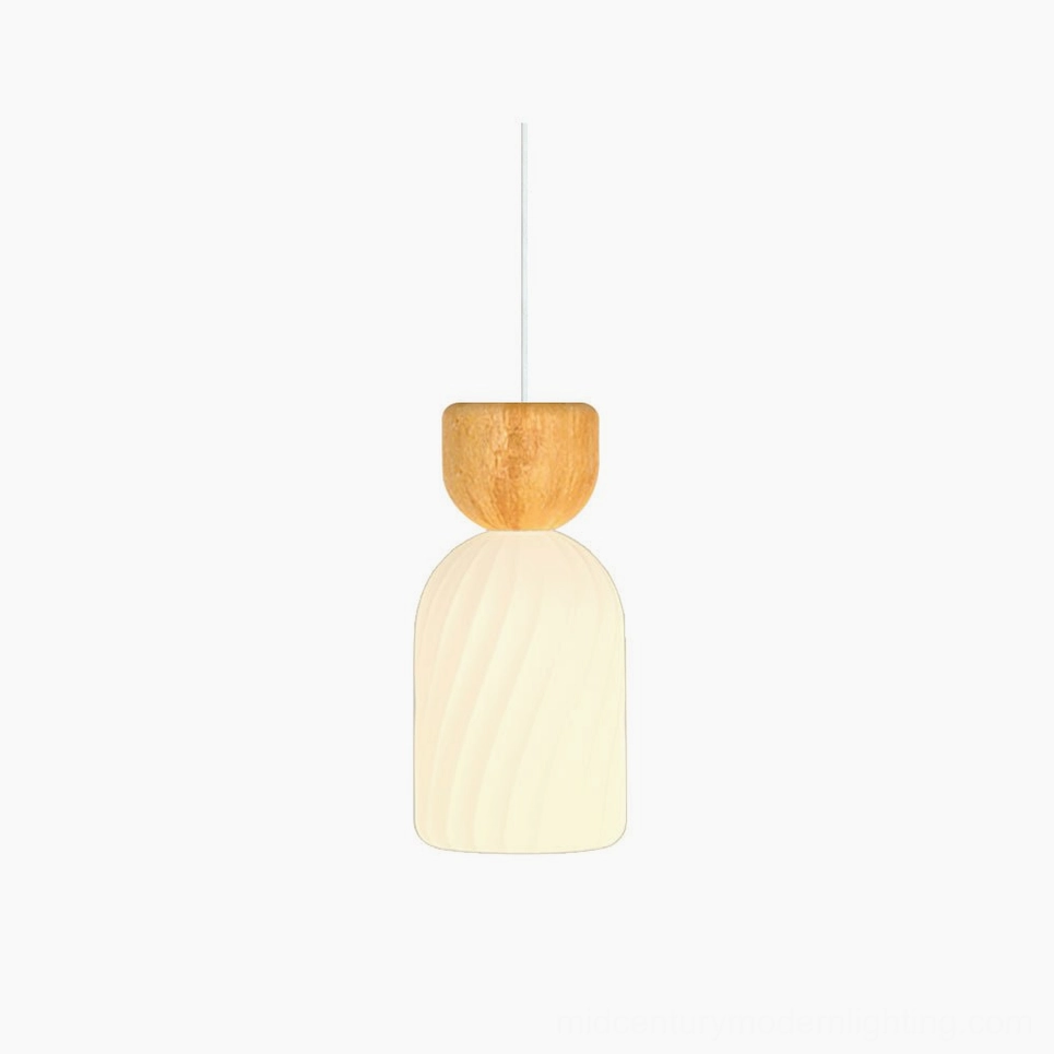 Gourd ribbed pendant light studio shot showing distinctive vertical fluting and wood top detail