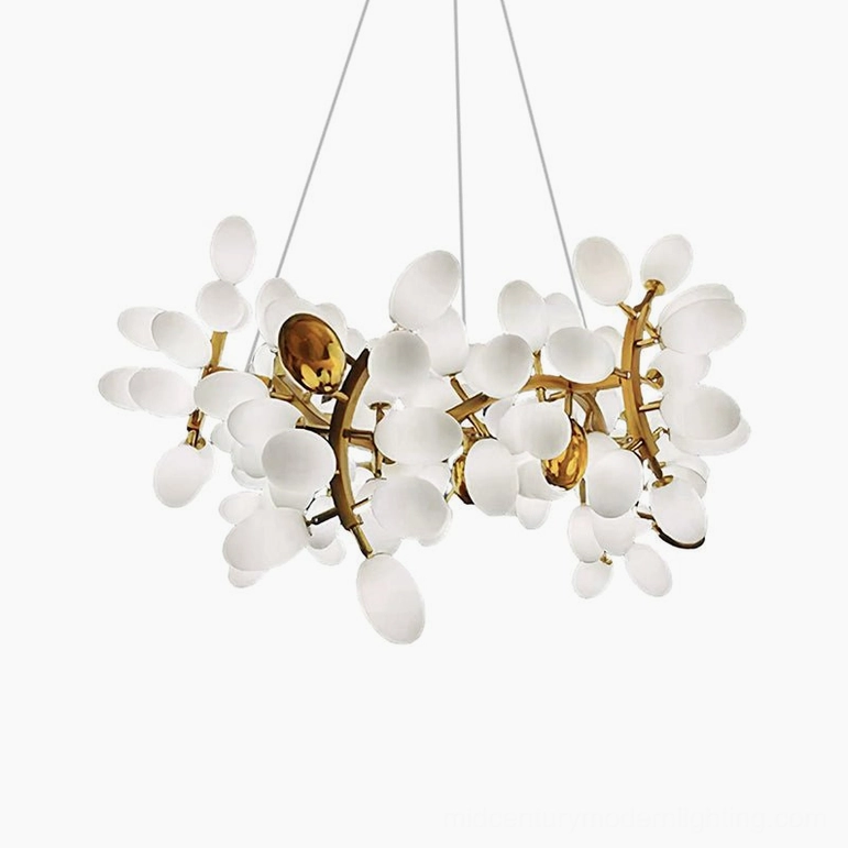 Grape vine bunch chandelier from below showing internal frosted glass bulb arrangement and metal framework