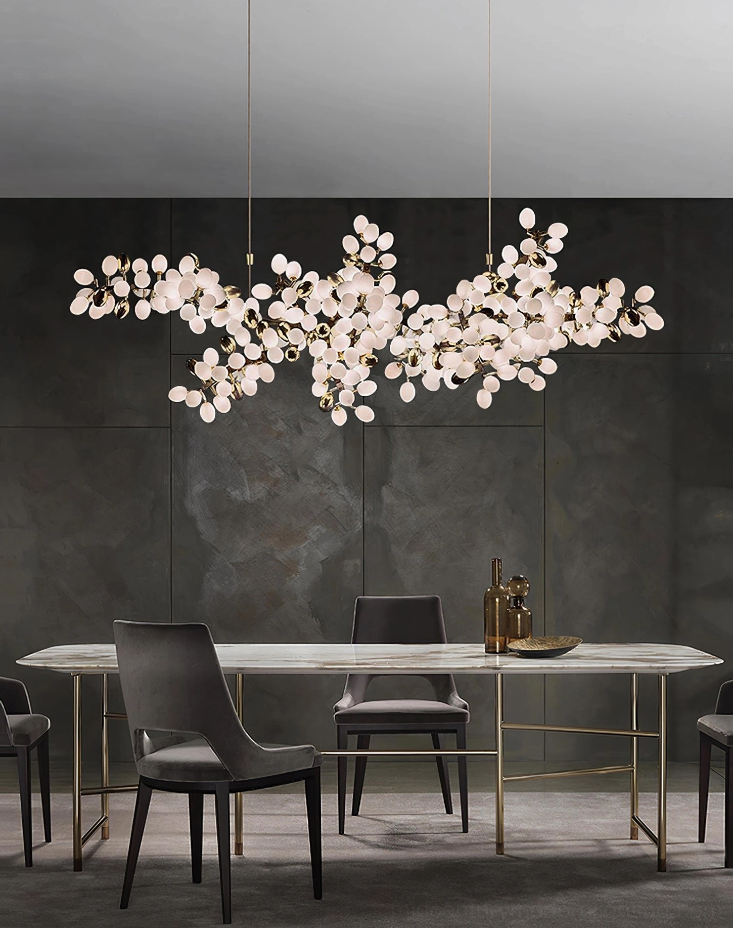 Grape vine bunch chandelier lighting effect showing soft warm glow from frosted matte glass