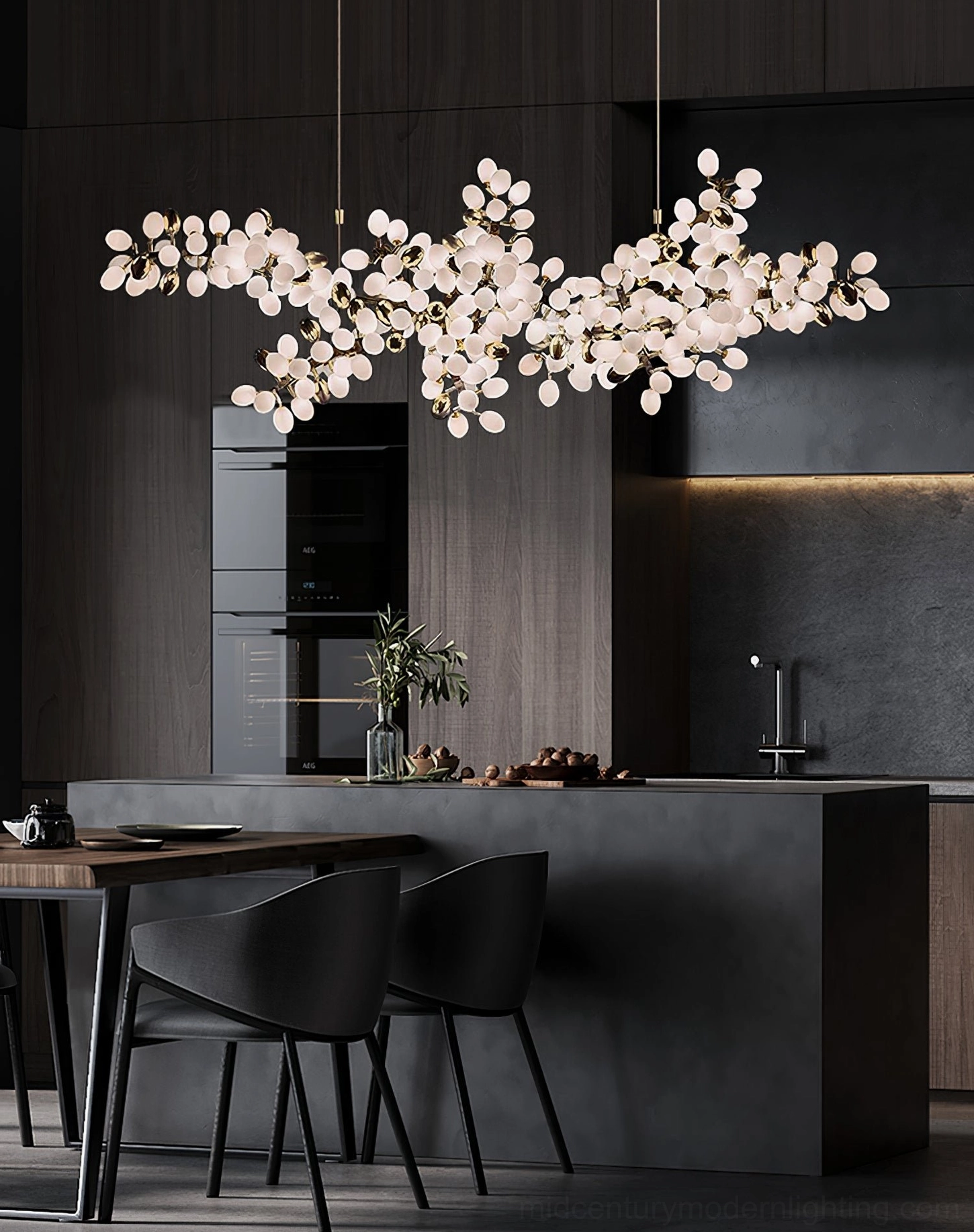 Grape vine bunch chandelier showing organic sculptural form with cascading frosted glass clusters