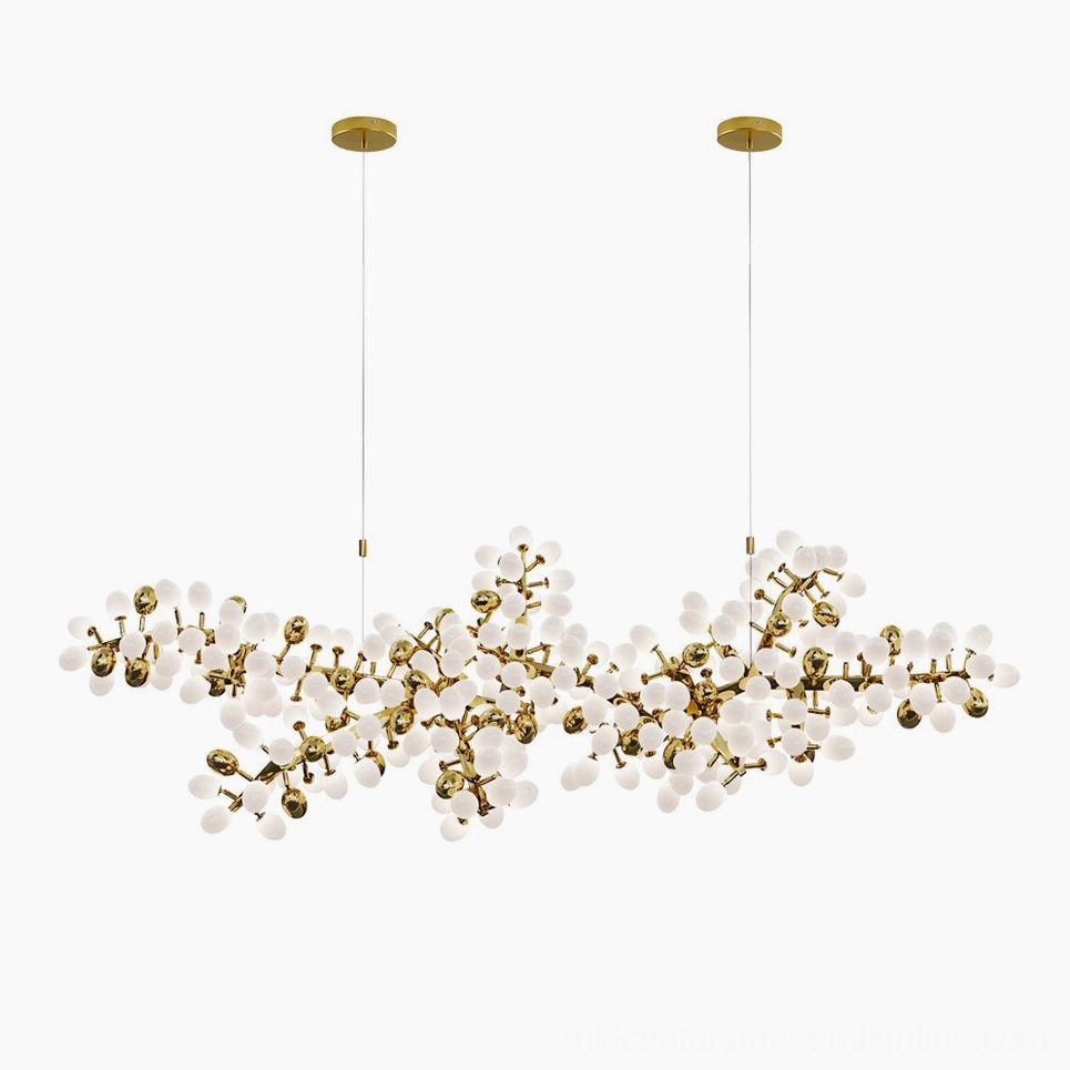 Grape Vine Bunch Chandelier with frosted glass orbs and brass metal branches, front view on white background