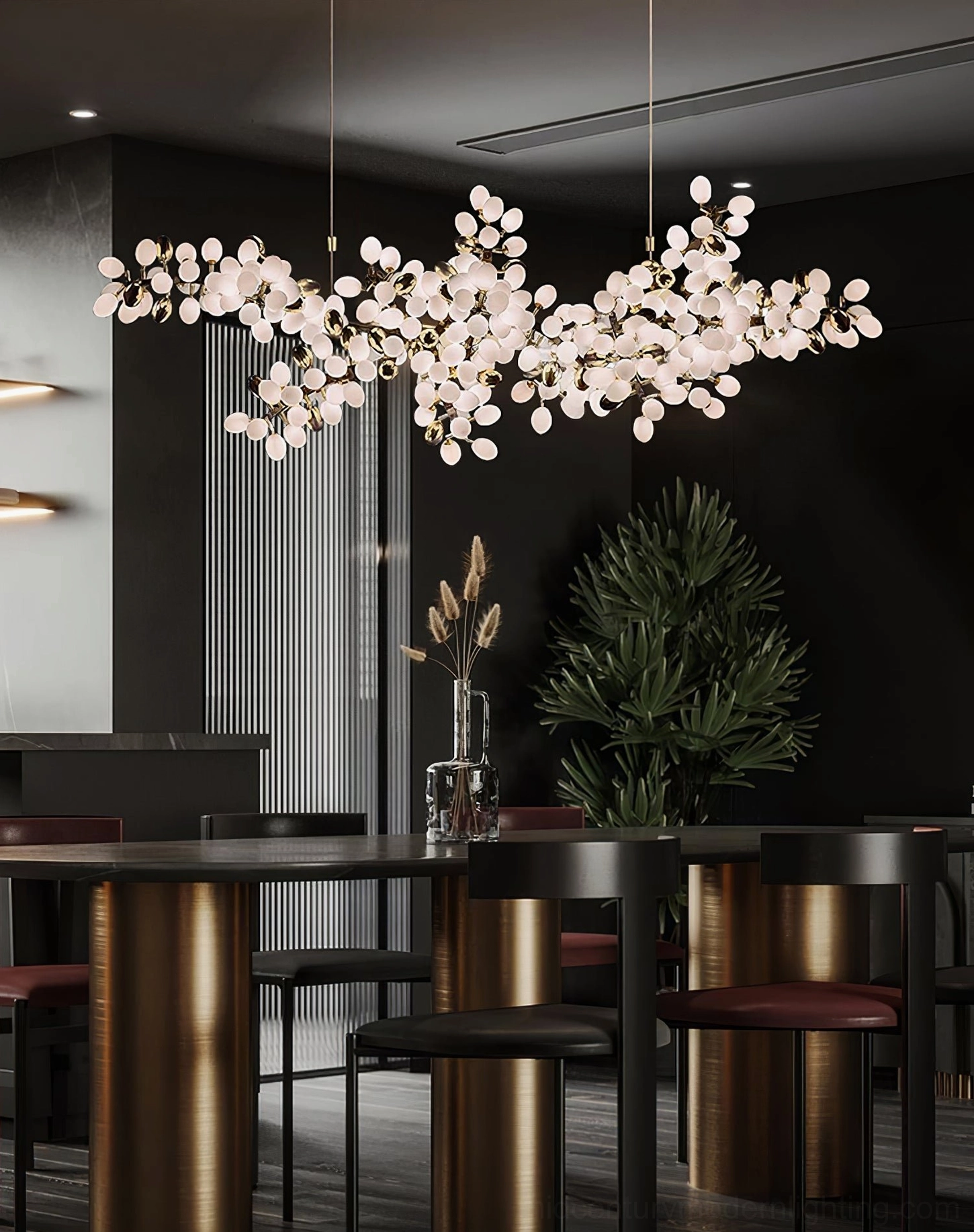 Grape vine chandelier installation showing suspended ceiling mount and adjustable wire length