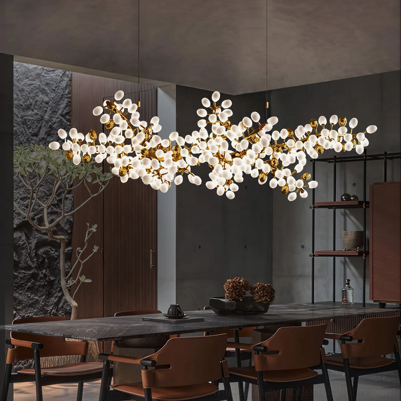 Grape vine chandelier with frosted glass bulbs and brass framework installed in formal dining room setting