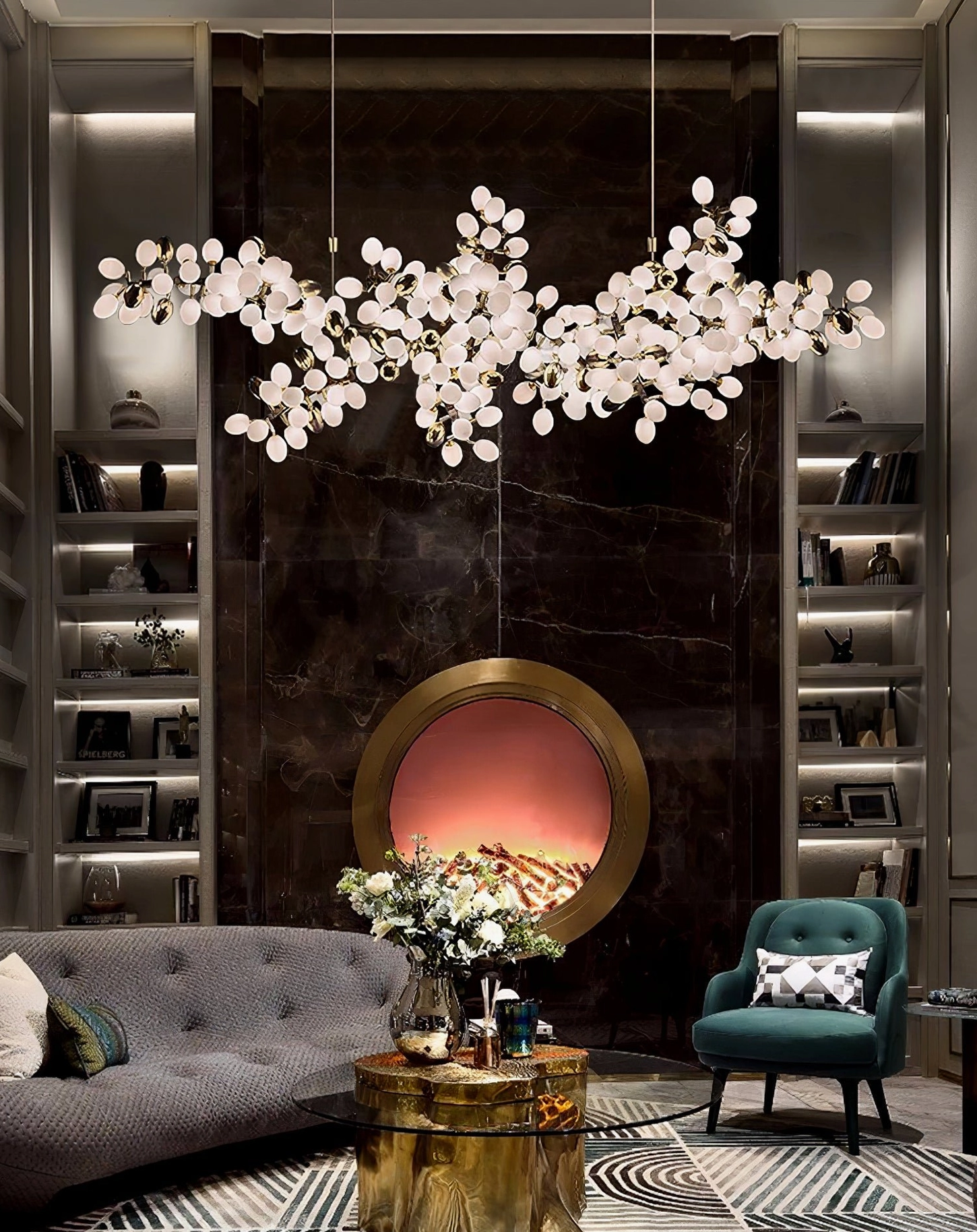 Grape vine cluster chandelier architectural detail of metal branch framework and glass bulb arrangement