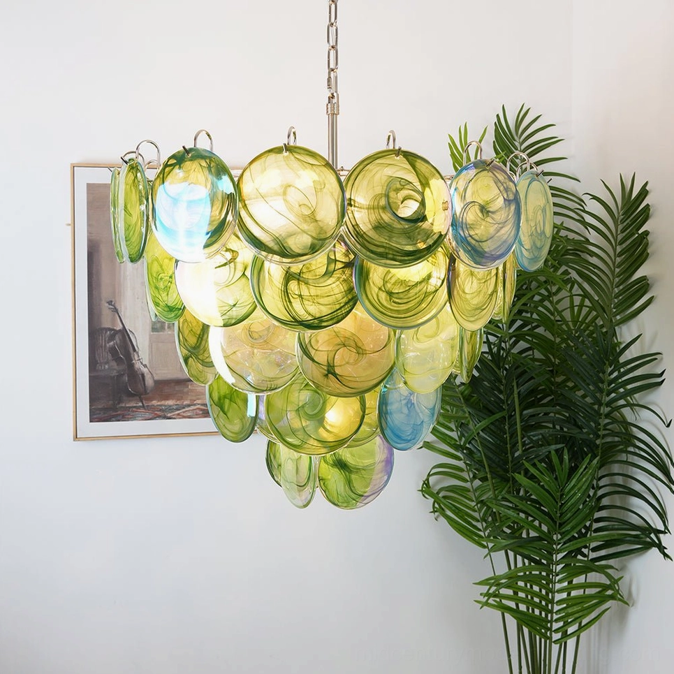 Green-blue gradient disc chandelier with mixed tinted glass, direct frontal view showing conical stacked disc formation