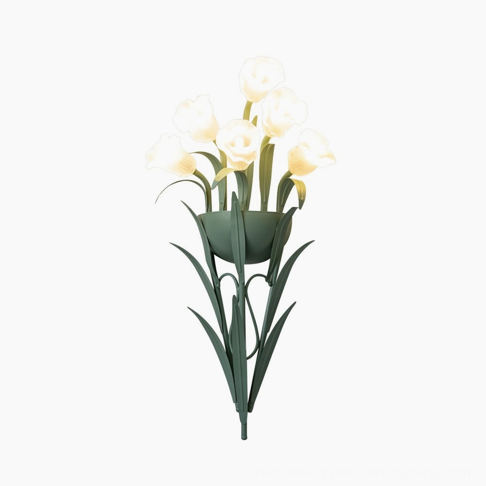 Green matte finish calla lily wall sconce product shot, full view with mounting bracket