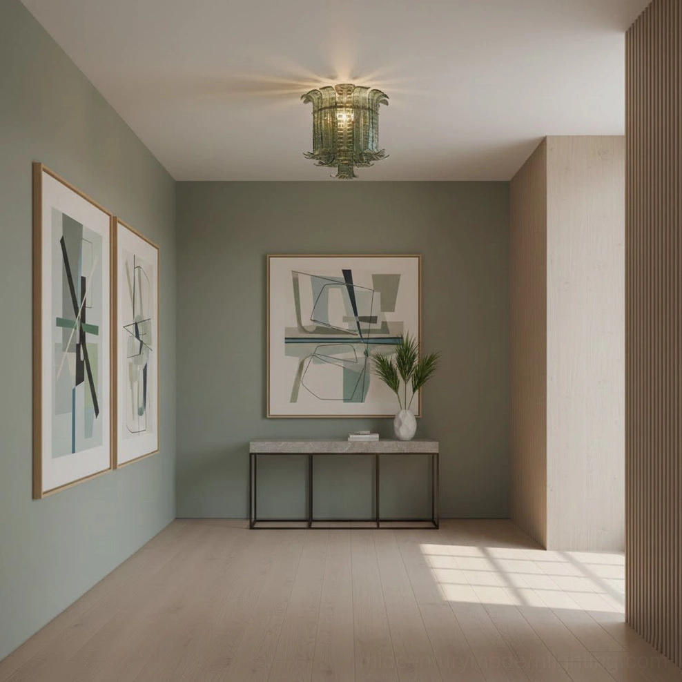 Small green glass ceiling lamp hallway installation, minimalist decor, soft ambient lighting