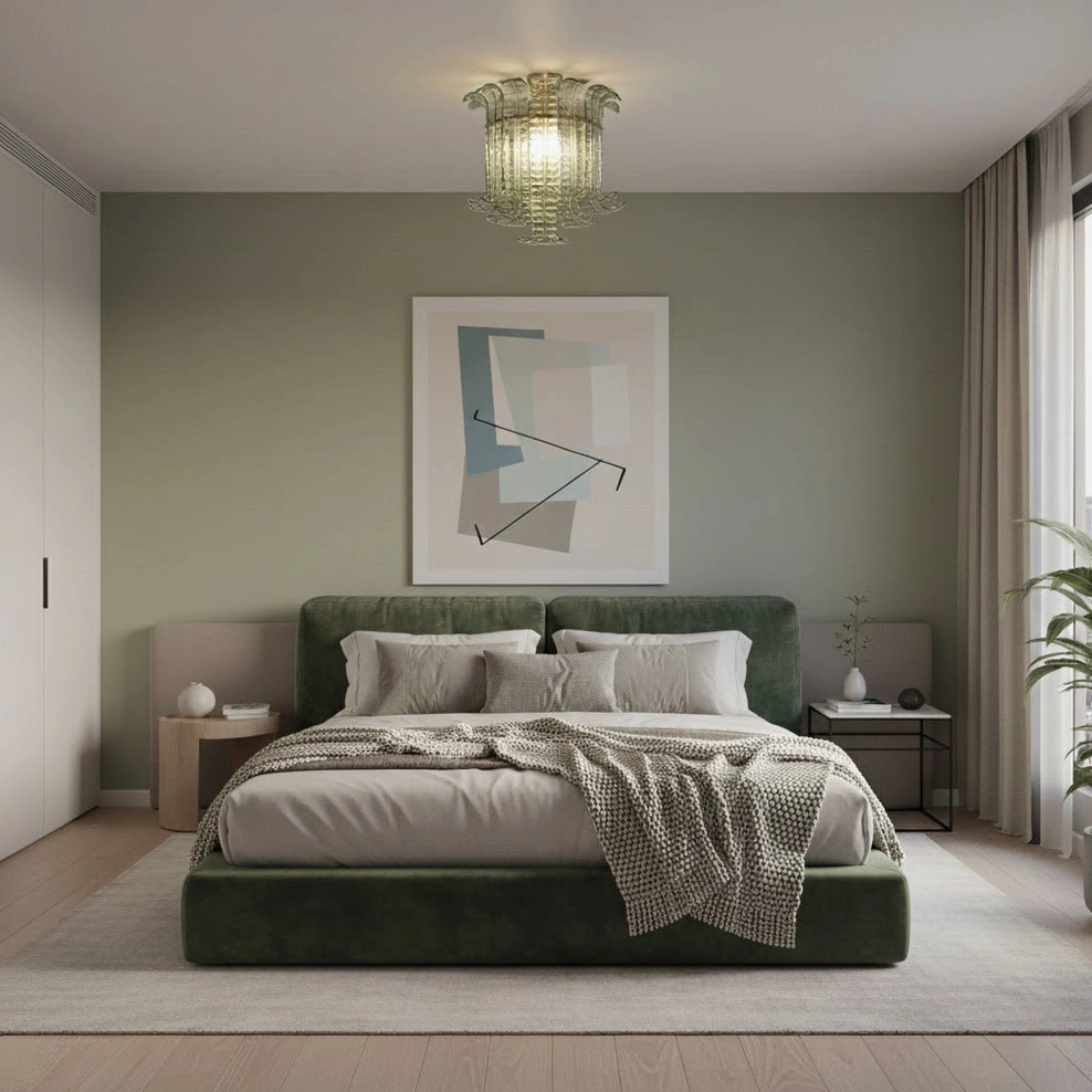 Compact green glass ceiling lamp modern bedroom installation, green upholstered bed, coordinated interior palette