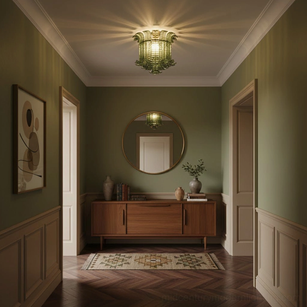 Green glass ceiling lamp wood-trimmed hallway, traditional paneled wall entryway, warm ambient lighting