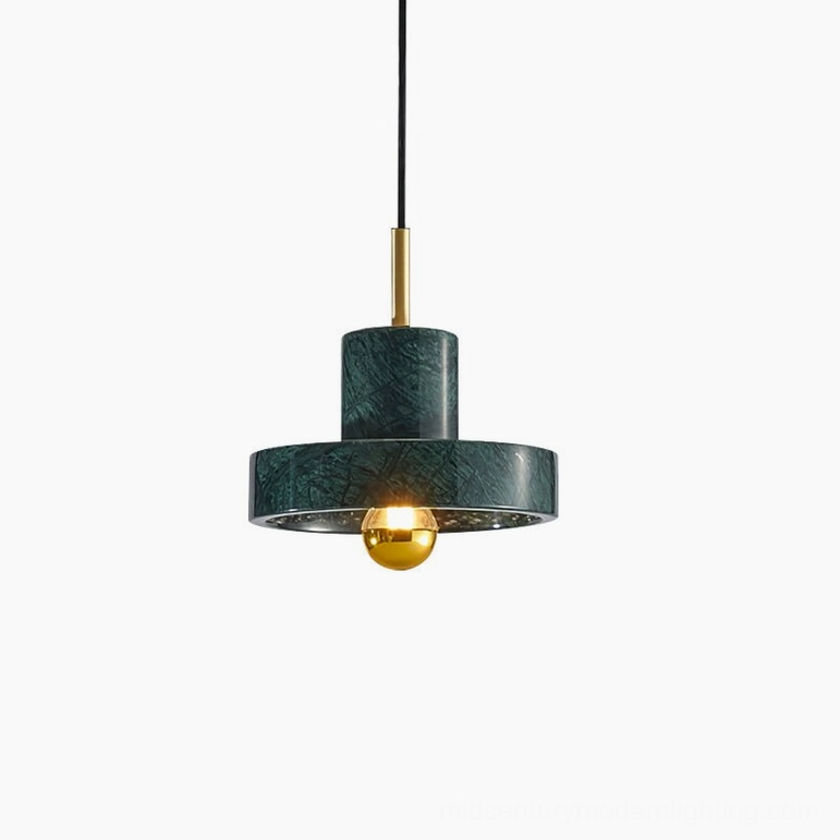 Green marble pendant light with gold brass accents in mid-century modern interior setting