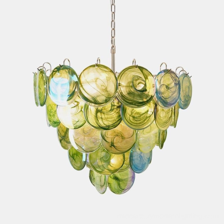 Green Murano glass disc chandelier with organic tint and cascading round discs, modern home interior three-quarter view