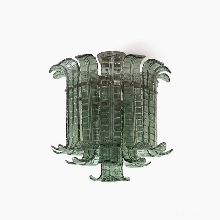 Green and nickel Murano glass ceiling lamp, full product shot, leaf-like glass panels, mid-century modern lighting