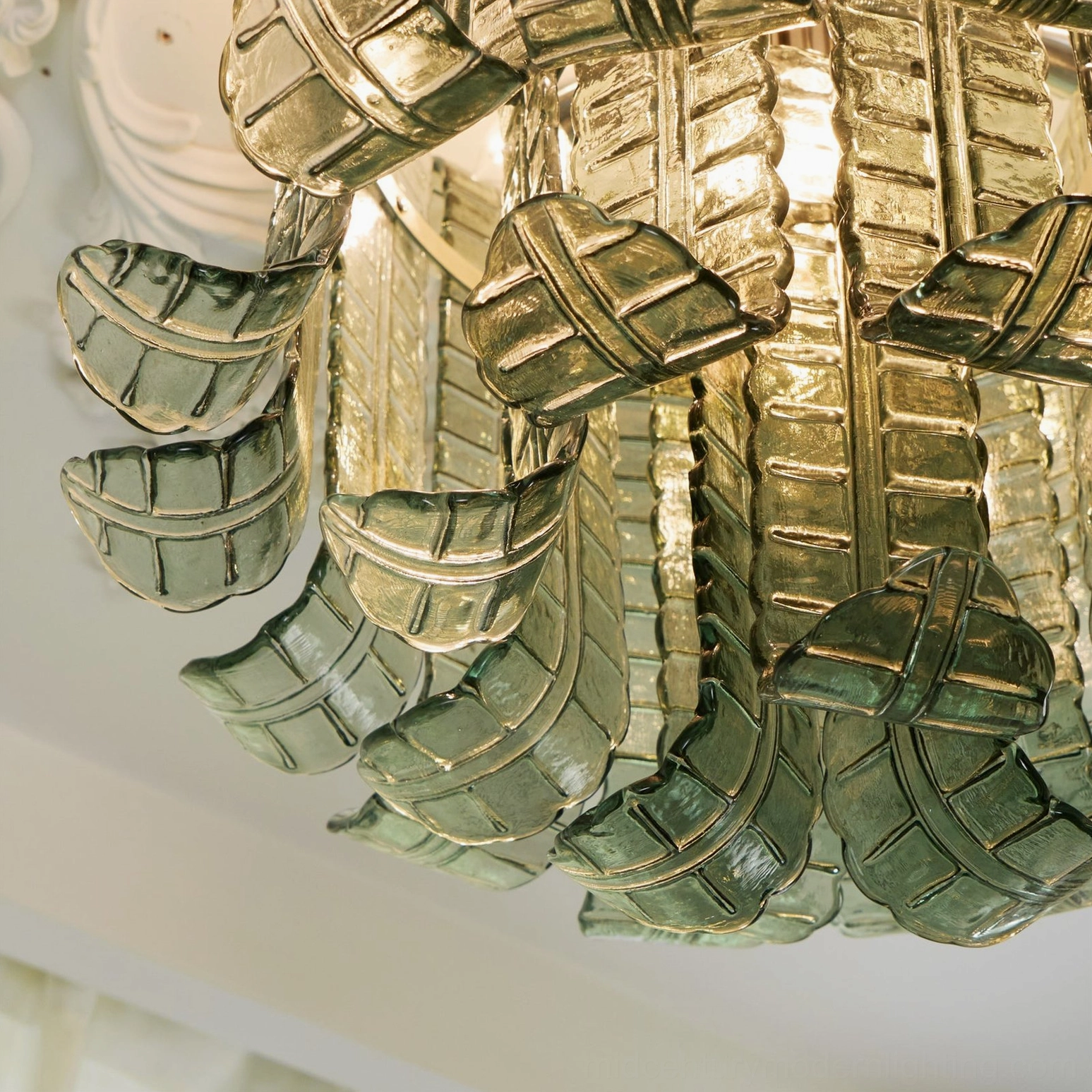 Green and nickel Murano ceiling lamp size comparison, dimensional leaf design, luxury glasswork