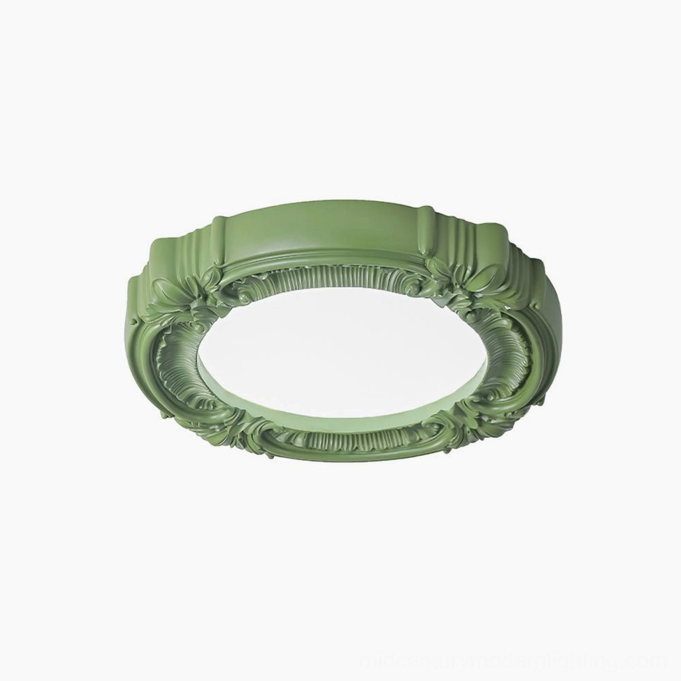 Green retro ceiling lamp with intricate carved design and warm integrated LED lighting
