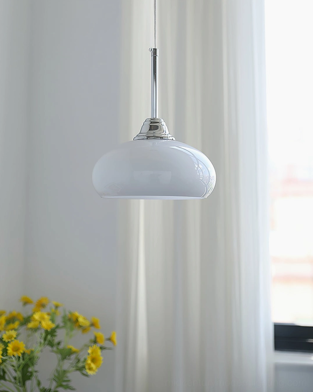 Pale grey Bell Pendant Light by window with sheer curtains in muted modern interior