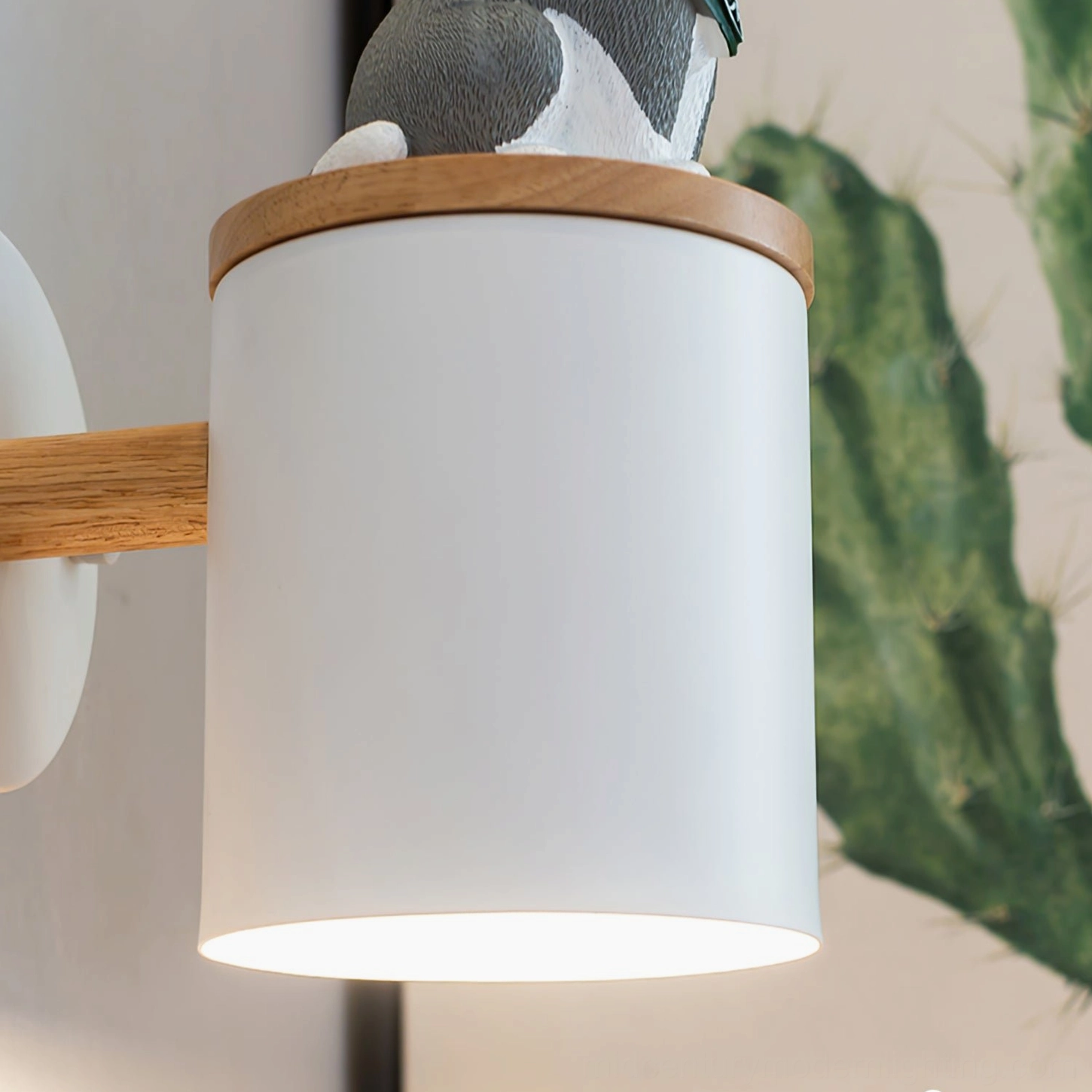 Grey Shiba Inu wall lamp back side perspective showing mounting hardware and wooden arm detail