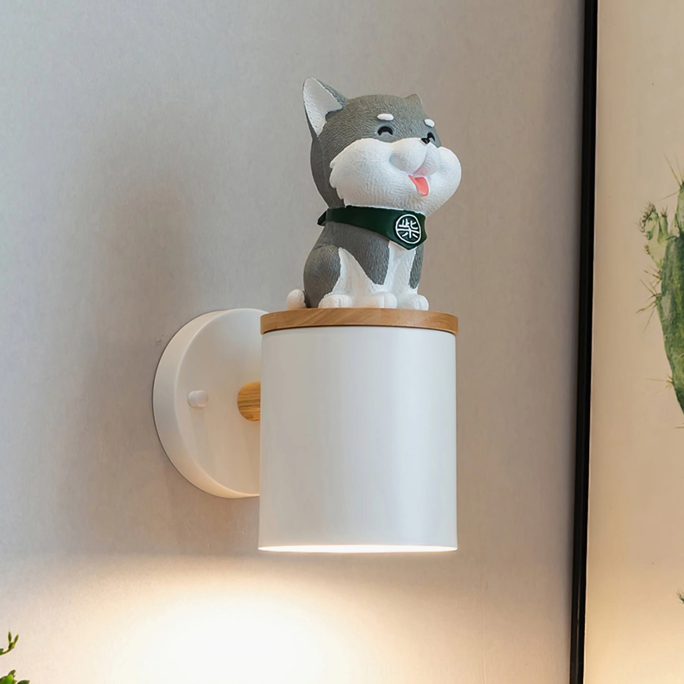 Grey Shiba Inu wall lamp front flat view with white metal shade and wooden base accent