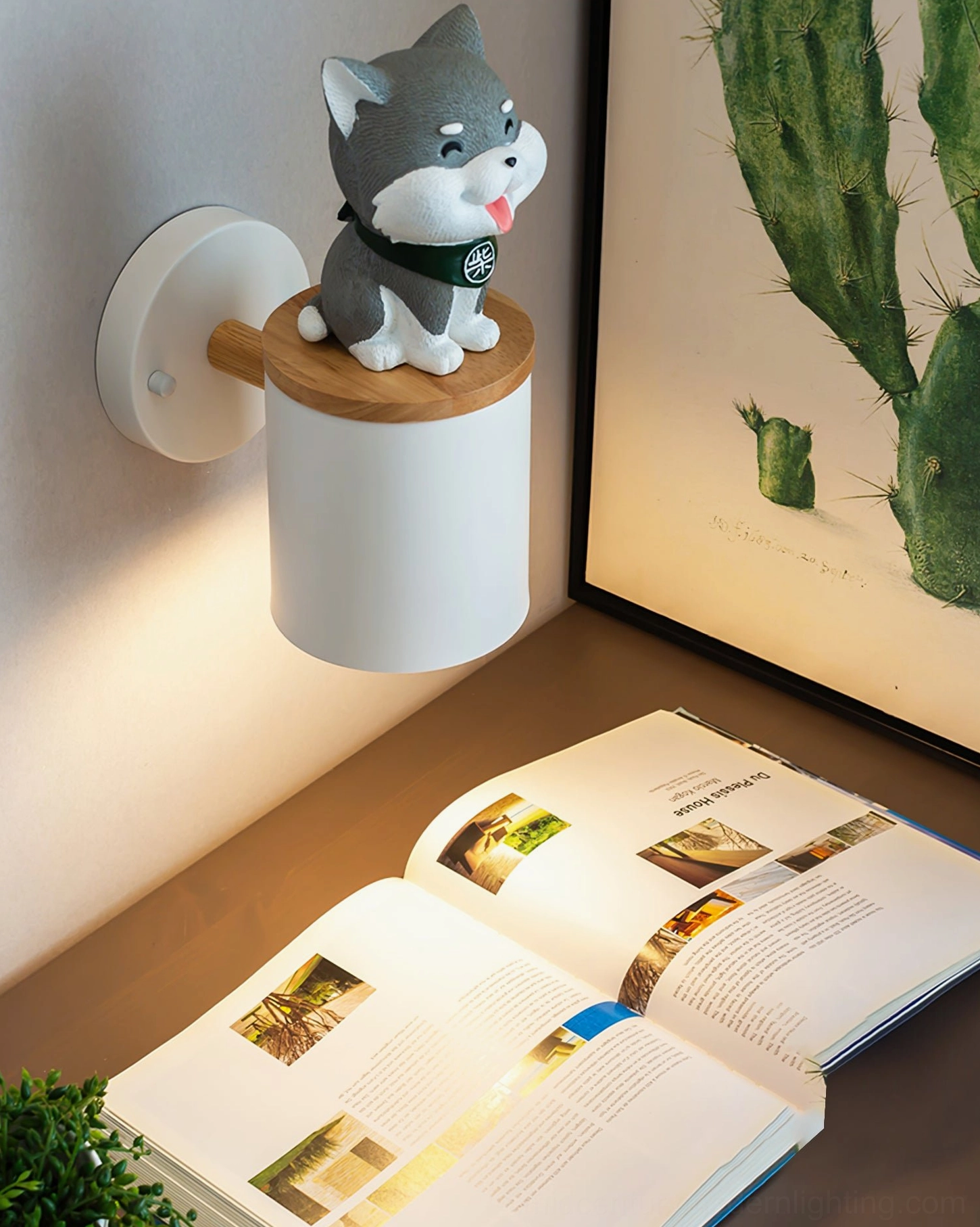 Grey Shiba Inu wall lamp top-down view mounted above home study desk with warm ambient lighting