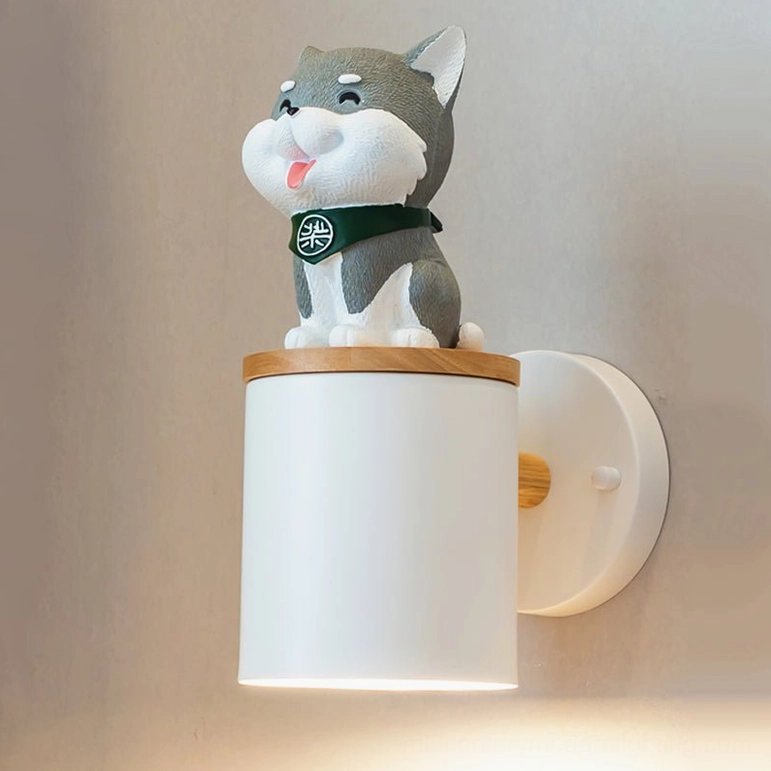 Grey Shiba Inu wall lamp side wall view with green scarf and white metal backplate detail