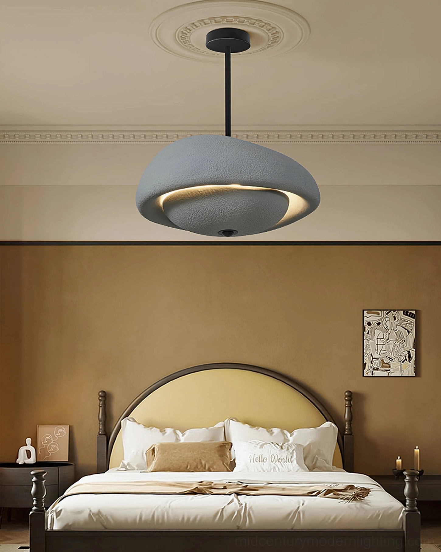 Muted grey organic pendant lamp hanging in modern minimalist bedroom with soft overhead lighting