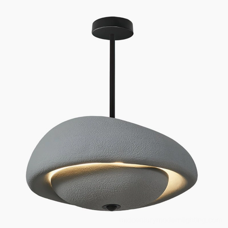 Grey wabi-sabi resin pendant light with sophisticated matte finish and textured organic surface