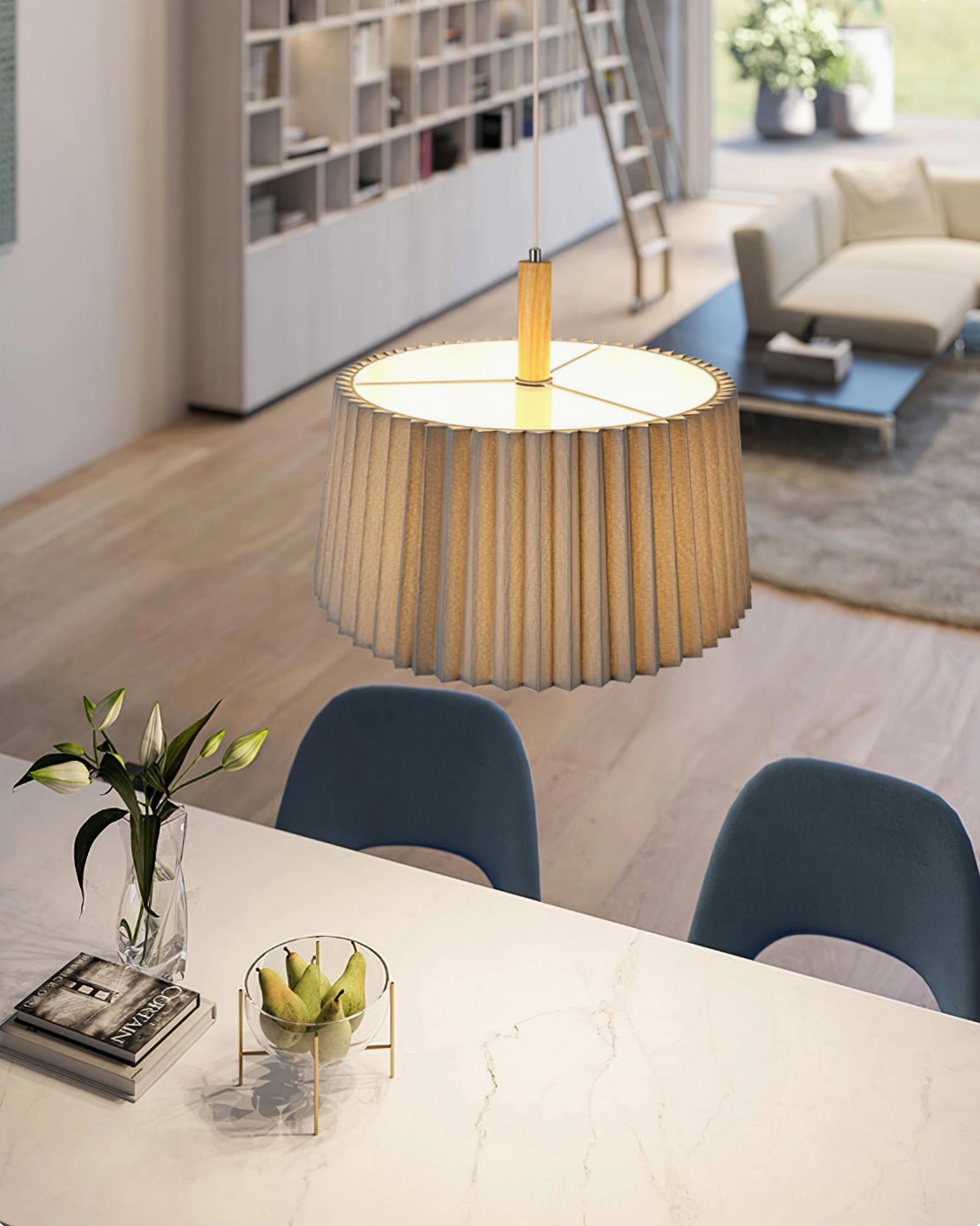 GT6 mid-century modern pendant lamp in minimalist interior space with warm ambient lighting