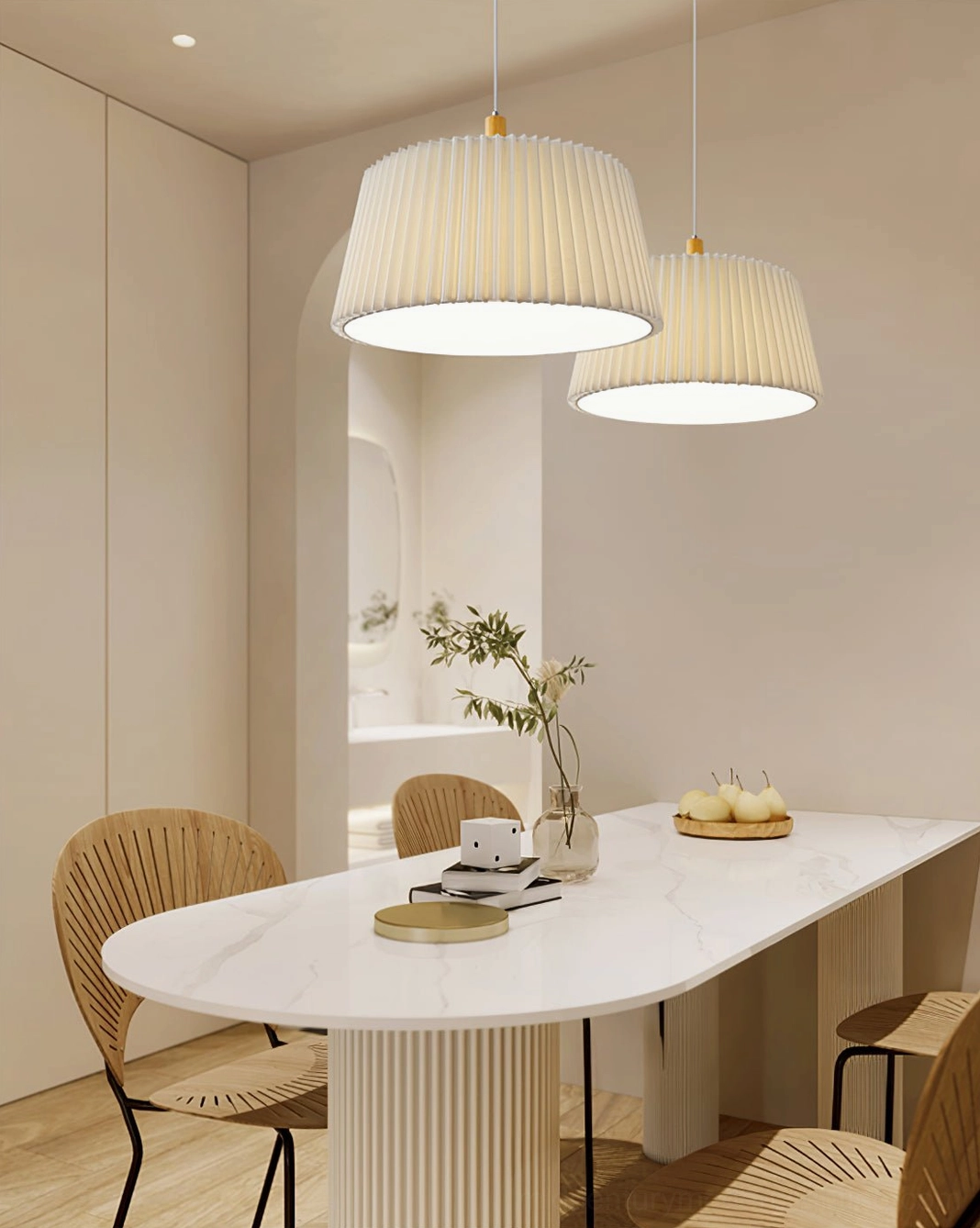 GT6 mid-century modern pendant lighting fixture showing sculptural pleated shade design elements