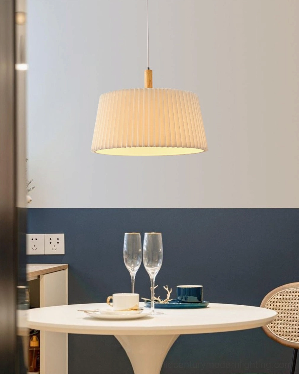 GT6 mid-century modern pendant showing wood and fabric construction and mounting system