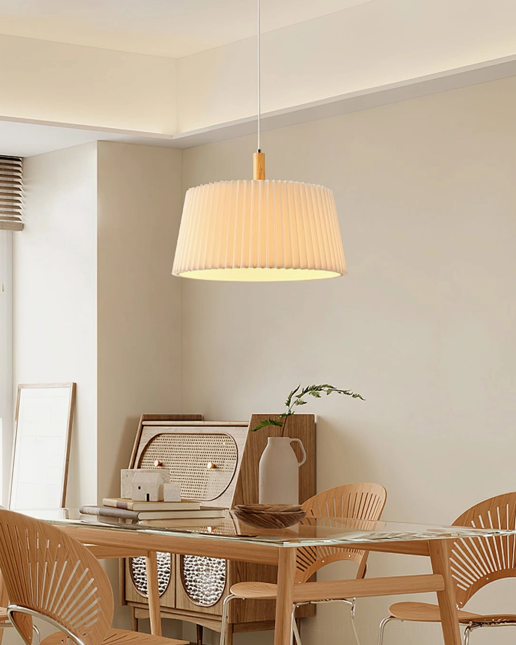 GT6 mid-century modern pendant light in minimalist dining area with wooden furniture and warm neutral palette