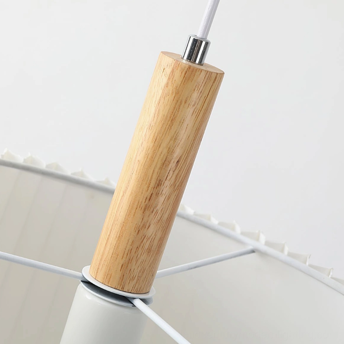 GT6 pendant lamp connection hardware close-up showing natural wood sleeve and metal hardware assembly