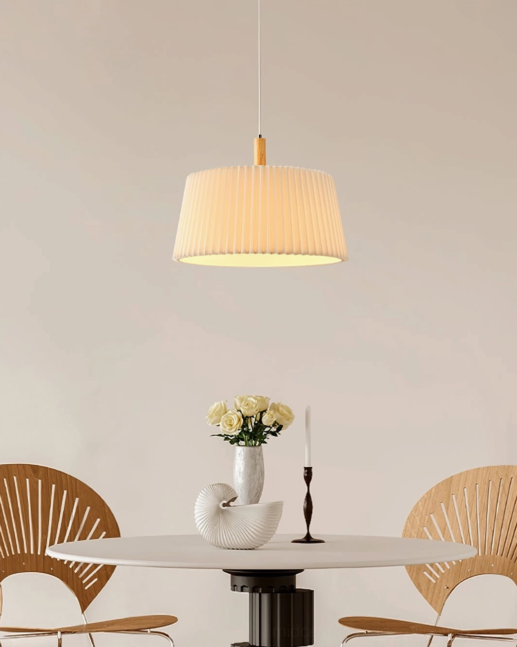 GT6 fabric pendant lamp illuminated in home dining area showing warm beige glow and light diffusion