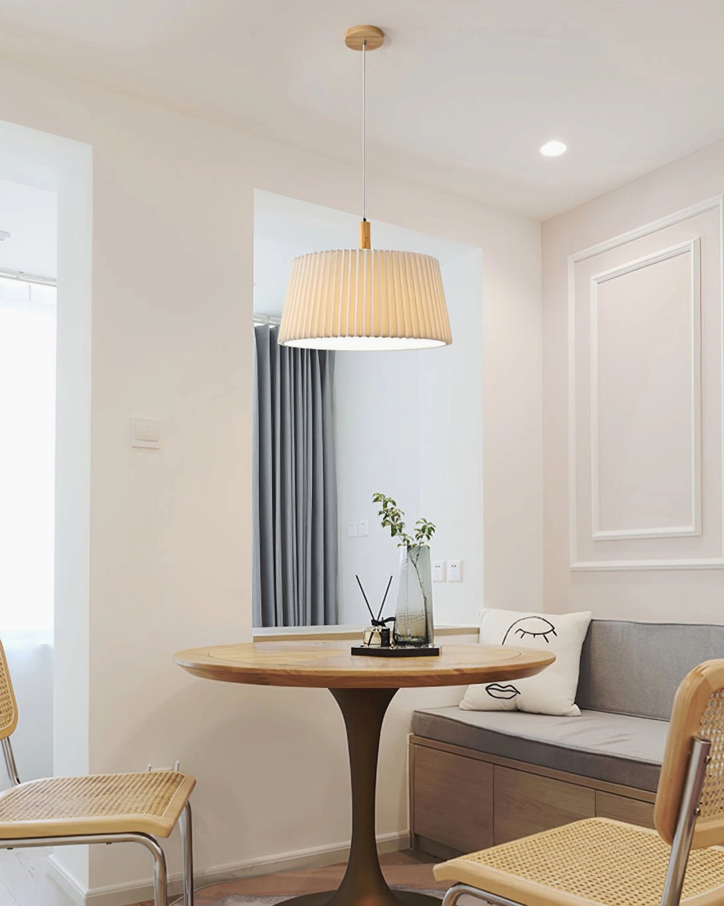 GT6 pleated pendant ceiling light with beige shade and natural wood details, studio product photography