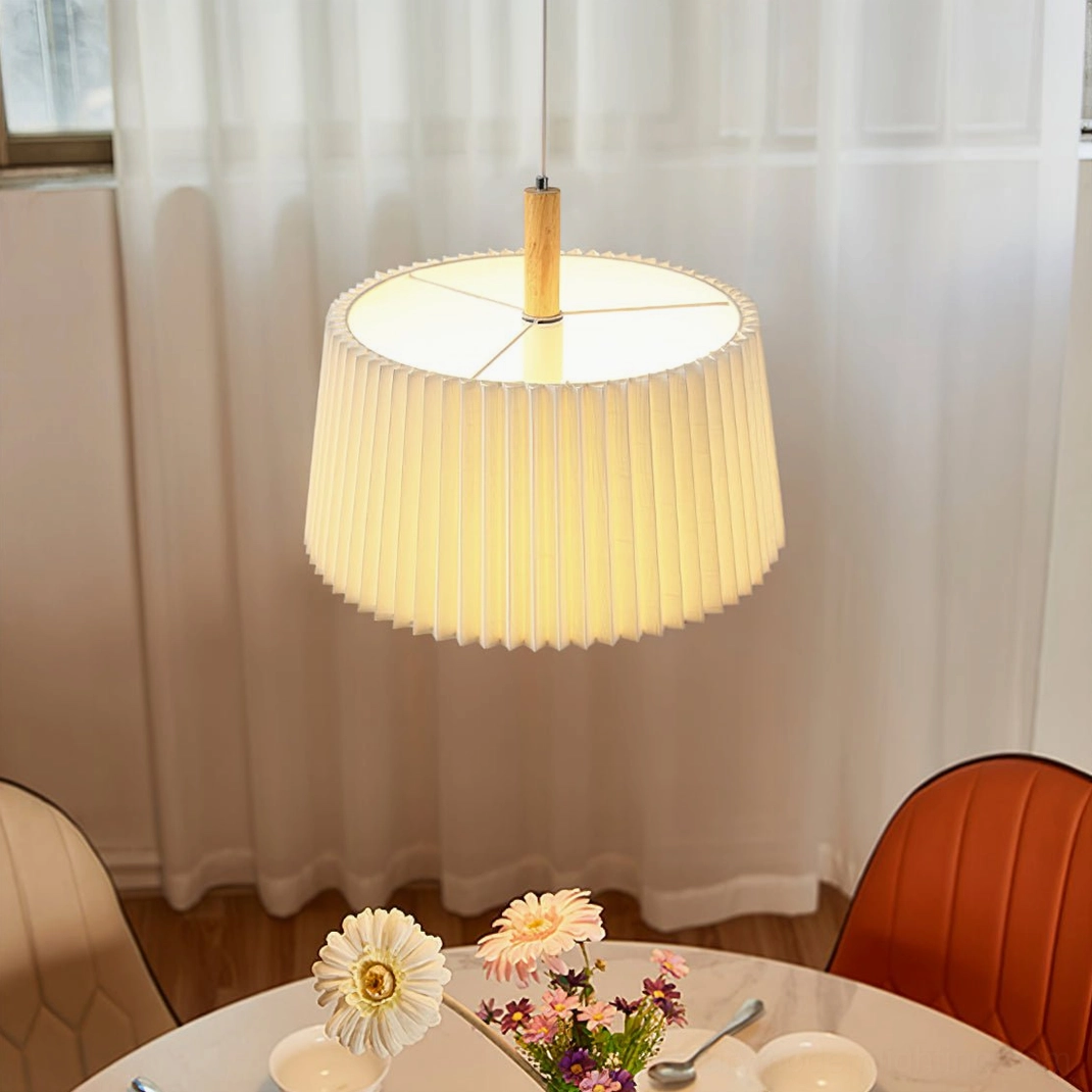 GT6 fabric pendant light hanging in minimalist dining room with floral table setting, warm Japanese interior style