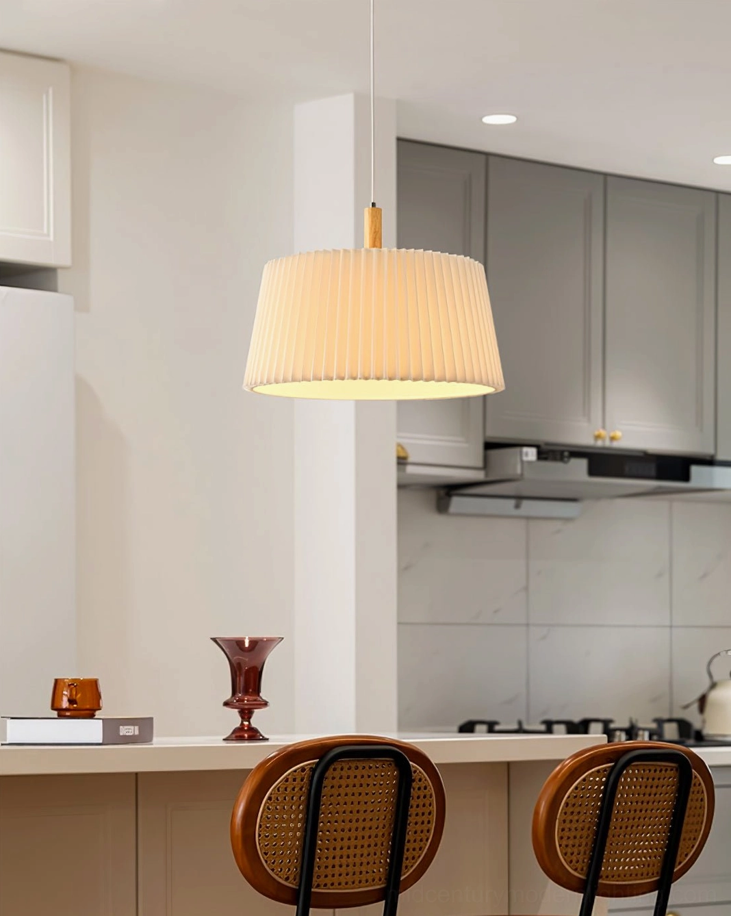 GT6 pleated pendant light in modern kitchen island space showing contemporary minimalist interior styling