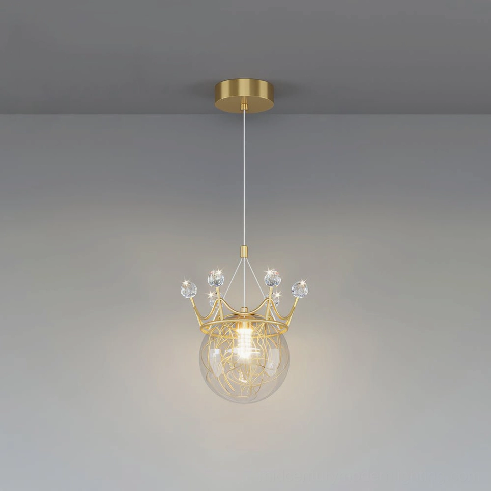 Gold crown pendant lamp with hand-blown glass elements, luxury pendant lighting fixture