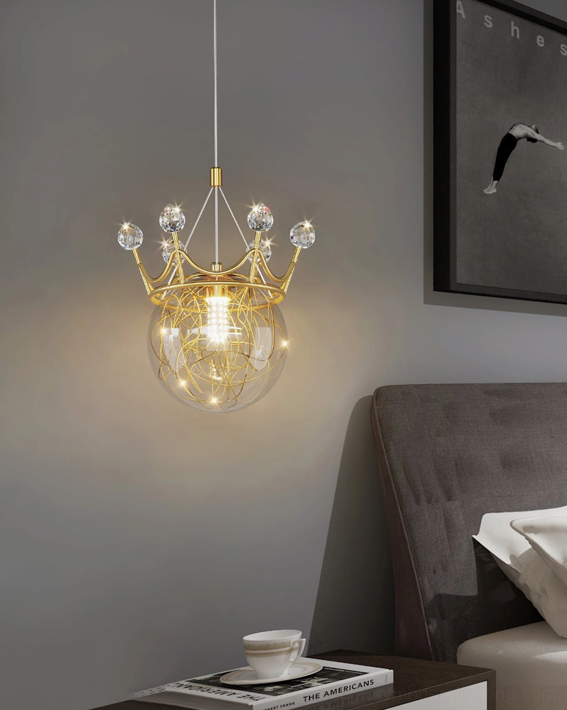 Crown pendant light fixture in living room corner, modern interior design with coffee table