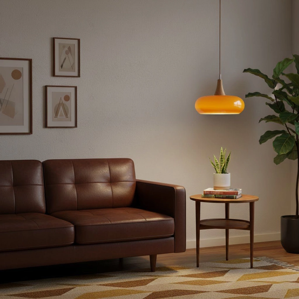 Hailie warm amber pendant lamp in cozy living room with leather seating, mid-century modern decor